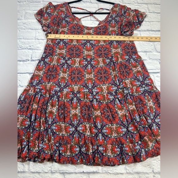 Balletcore JODIFL Red/Blue Patterned Mini Dress w/ Criss Cross Back. Size Large - Picture 8 of 9